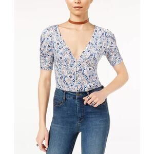 Free People Hollywood Tee Blue White Peasant Top Short Sleeve Floral Boho Size S